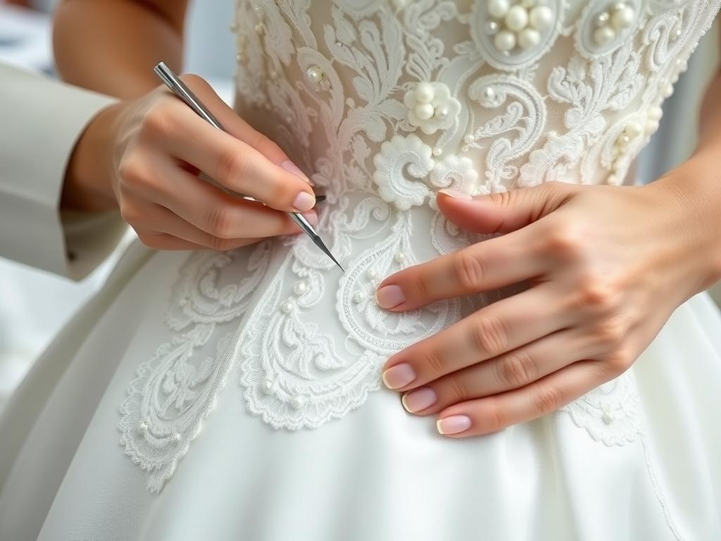 Wedding dress alteration specialist working on a detailed lace gown in St Albans