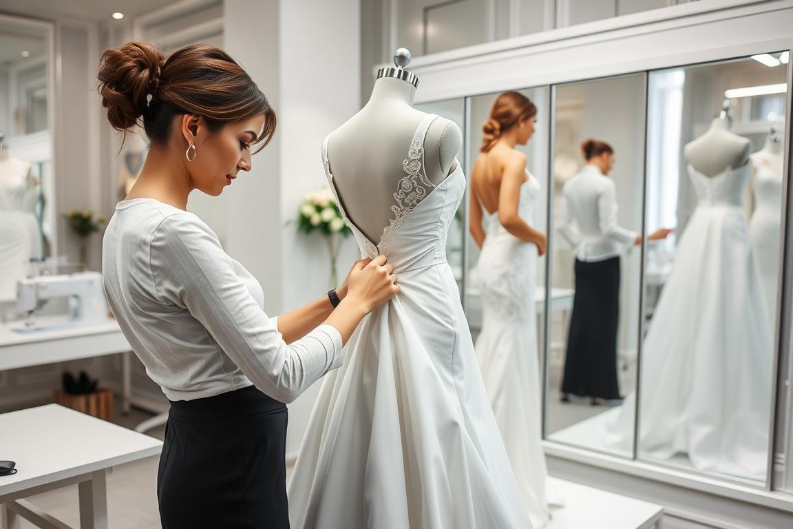 Seamstress performing wedding dress fitting alteration in St Albans studio