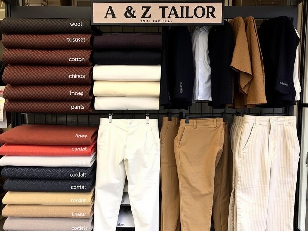 Various trouser fabrics and styles being altered at A &amp; Z Tailor