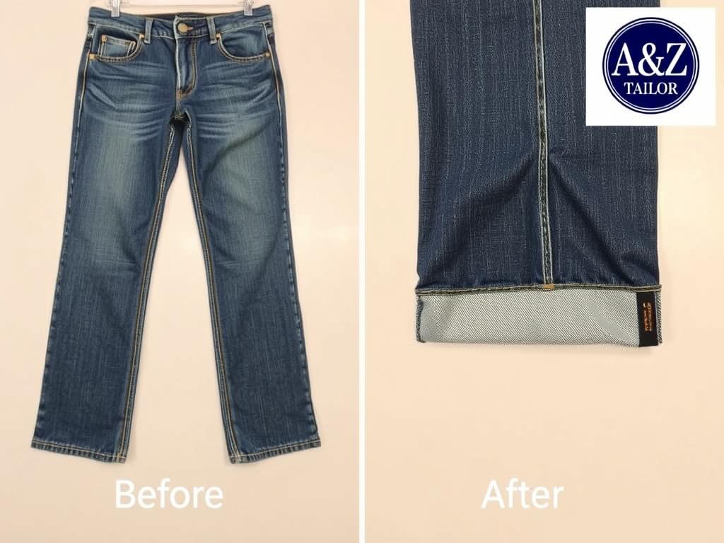 Before and after of jeans shortened with original hem preservation