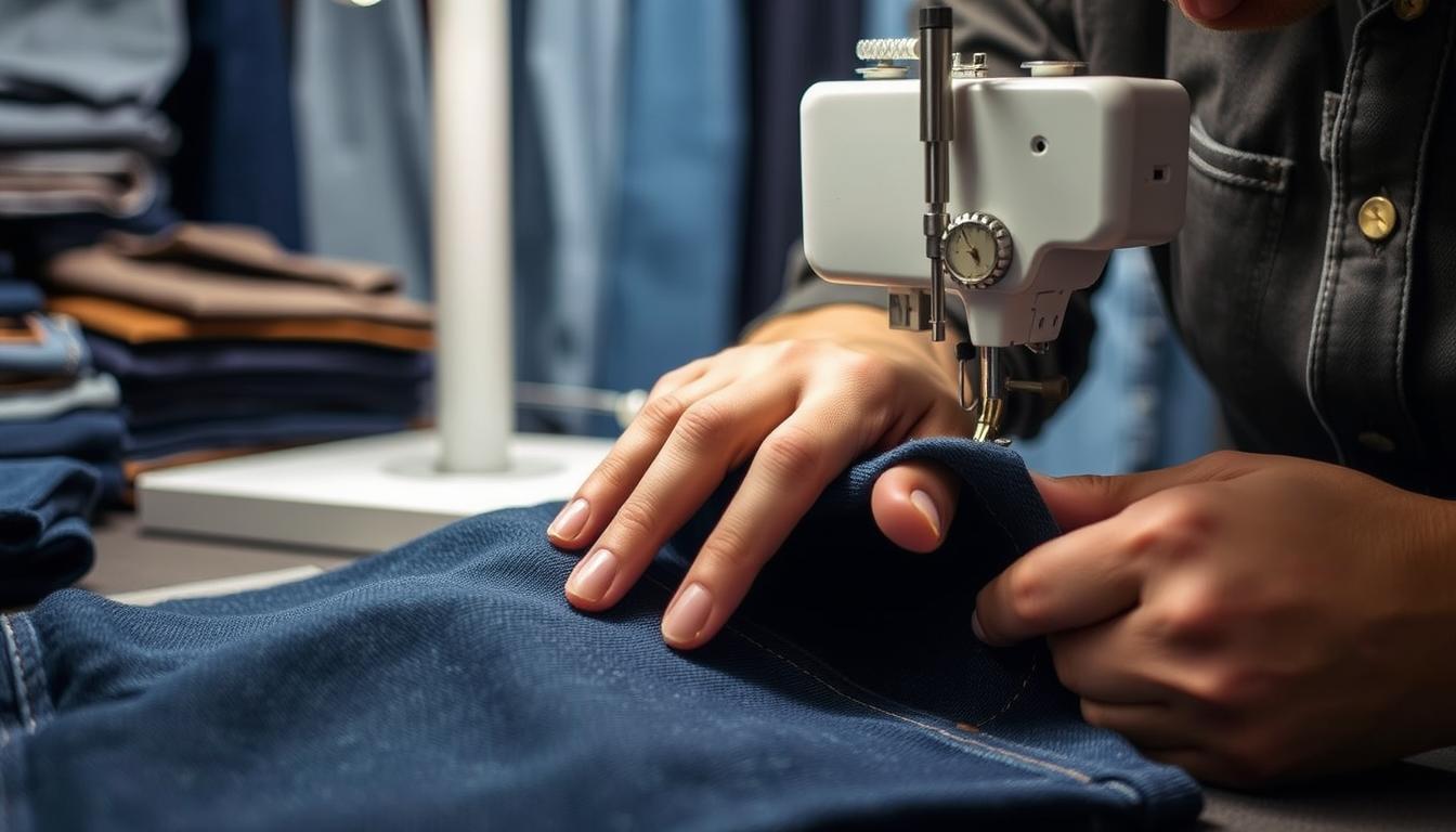 Tailor performing specialized jeans alteration with original hem preservation