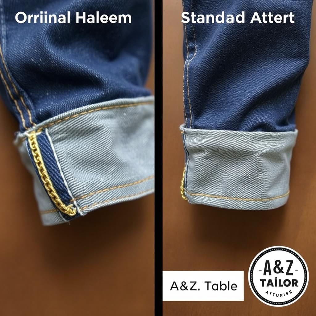 Close-up comparison of original jean hem versus standard alteration