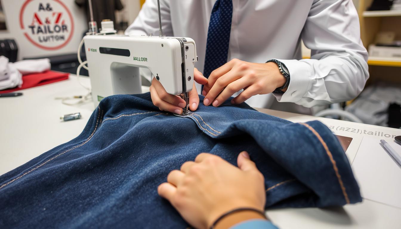 A &amp; Z Tailor professional working on trouser and jeans alteration in Luton shop
