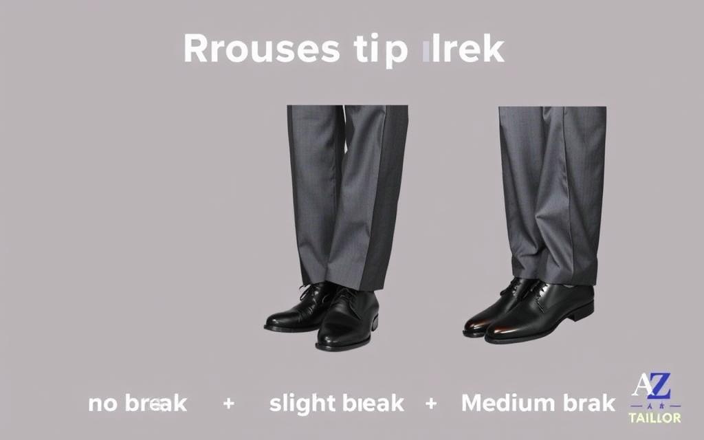 Different trouser break styles demonstrated on dress pants