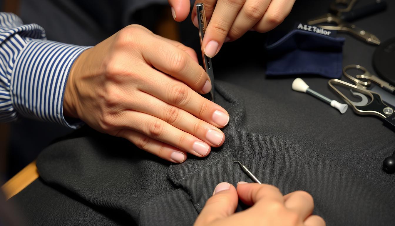 Tailor repairing damaged trouser seam with precision stitching