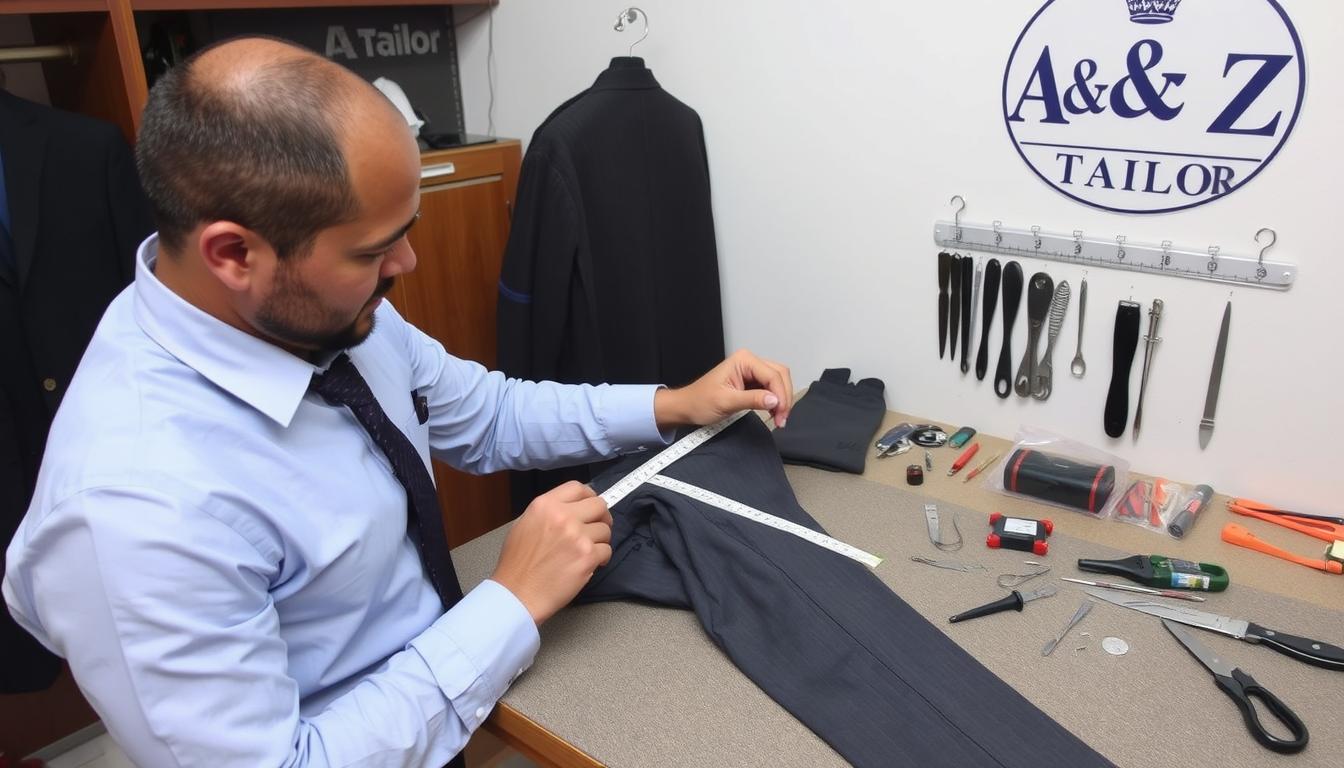 Tailor measuring and marking formal trousers for alteration